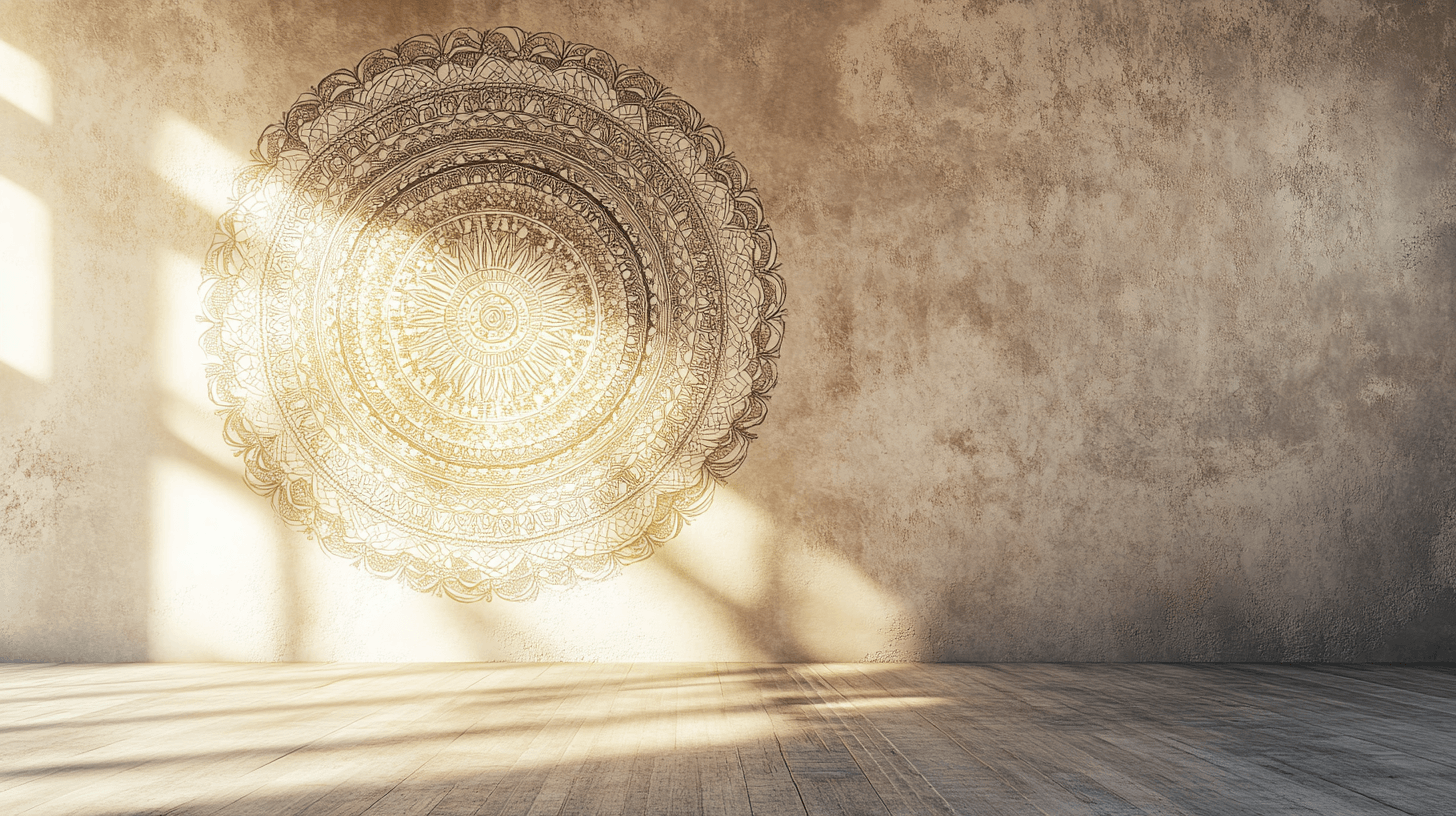 Mandala-geometrie in gouden lijnen op een stenen wand, spel van licht en schaduw — ORIO architecten
