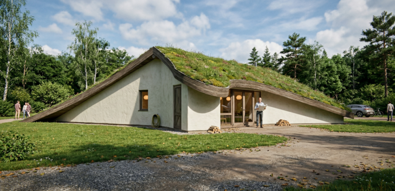 Visualisatie van het ontvangstgebouw op Landgoed Energy Up met organische dakvorm en groendak geïntegreerd in het landschap