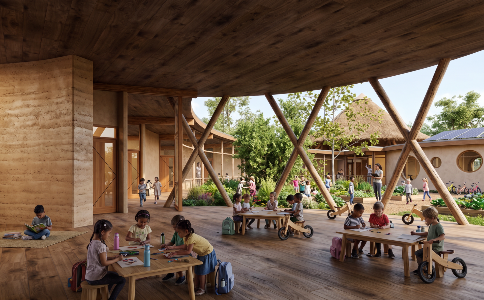Organic School, overdekte buitenruimte met houten X-frames en kinderen Organic School, overdekte buitenruimte met houten X-frames en kinderen