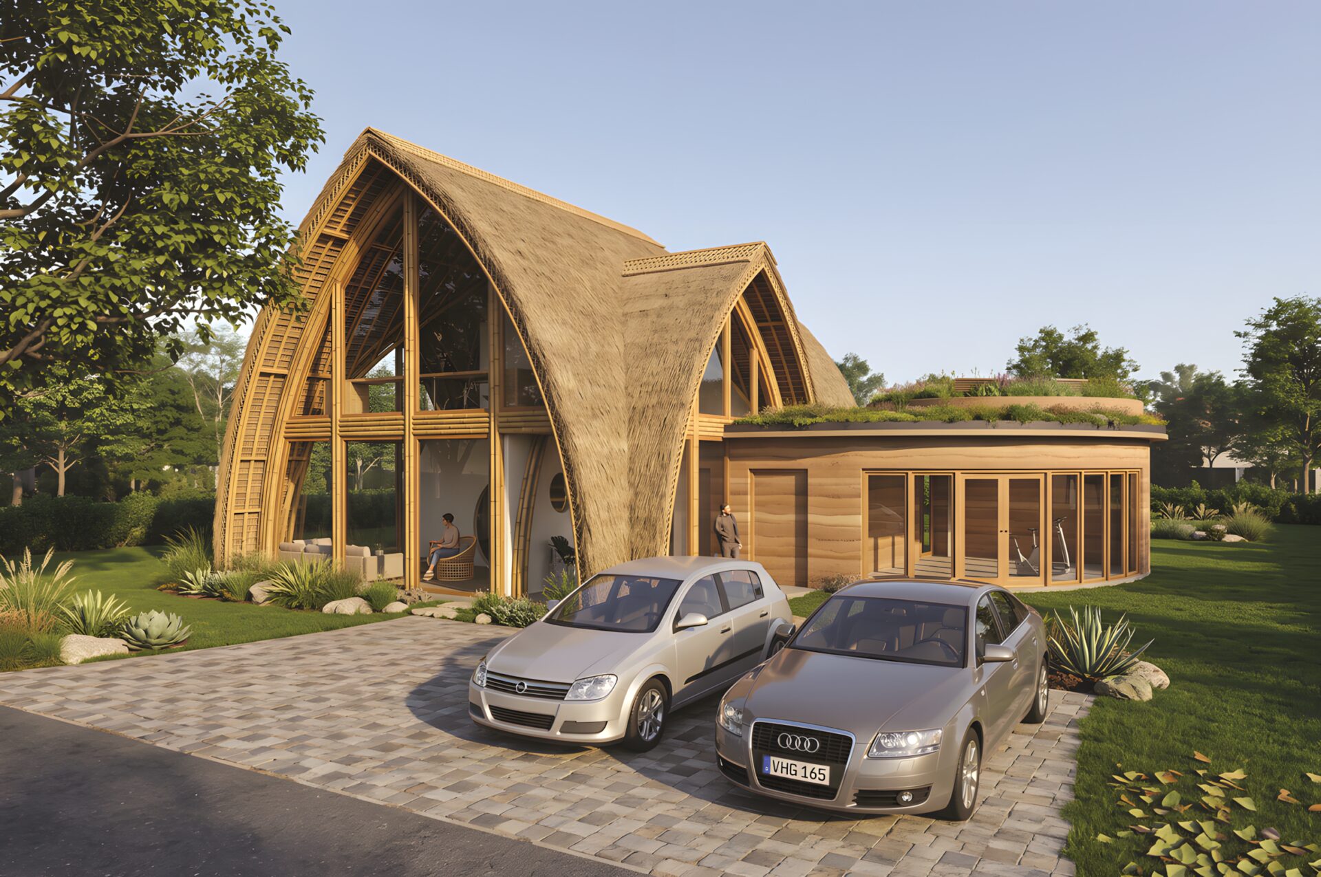 Schoorl, toekomstige architectuur met rieten dak en aardeachtige wand Schoorl, toekomstige architectuur met rieten dak en aardeachtige wand