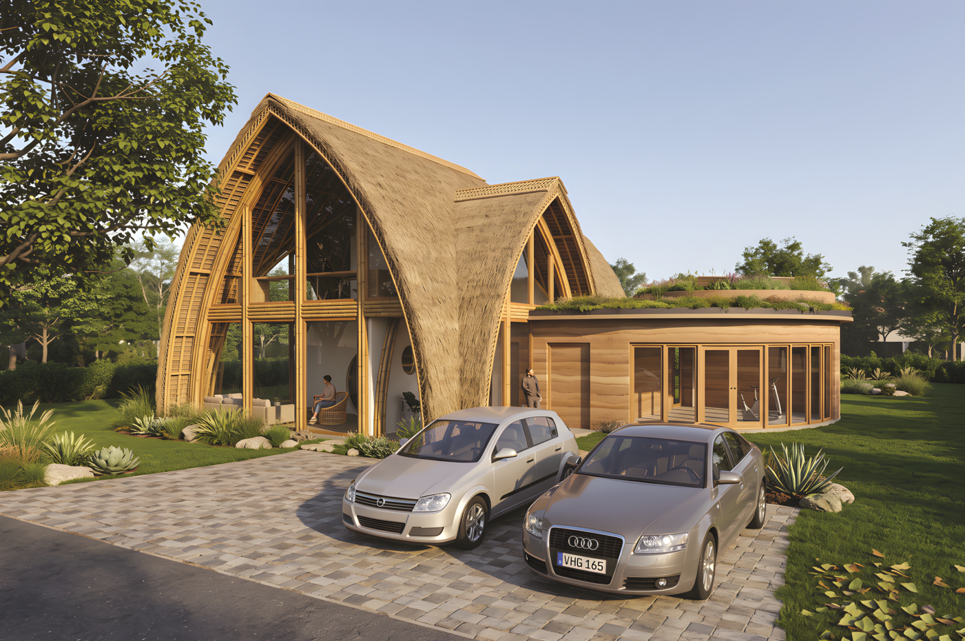 Schoorl, toekomstige architectuur met rieten dak en aardeachtige wand Schoorl, toekomstige architectuur met rieten dak en aardeachtige wand