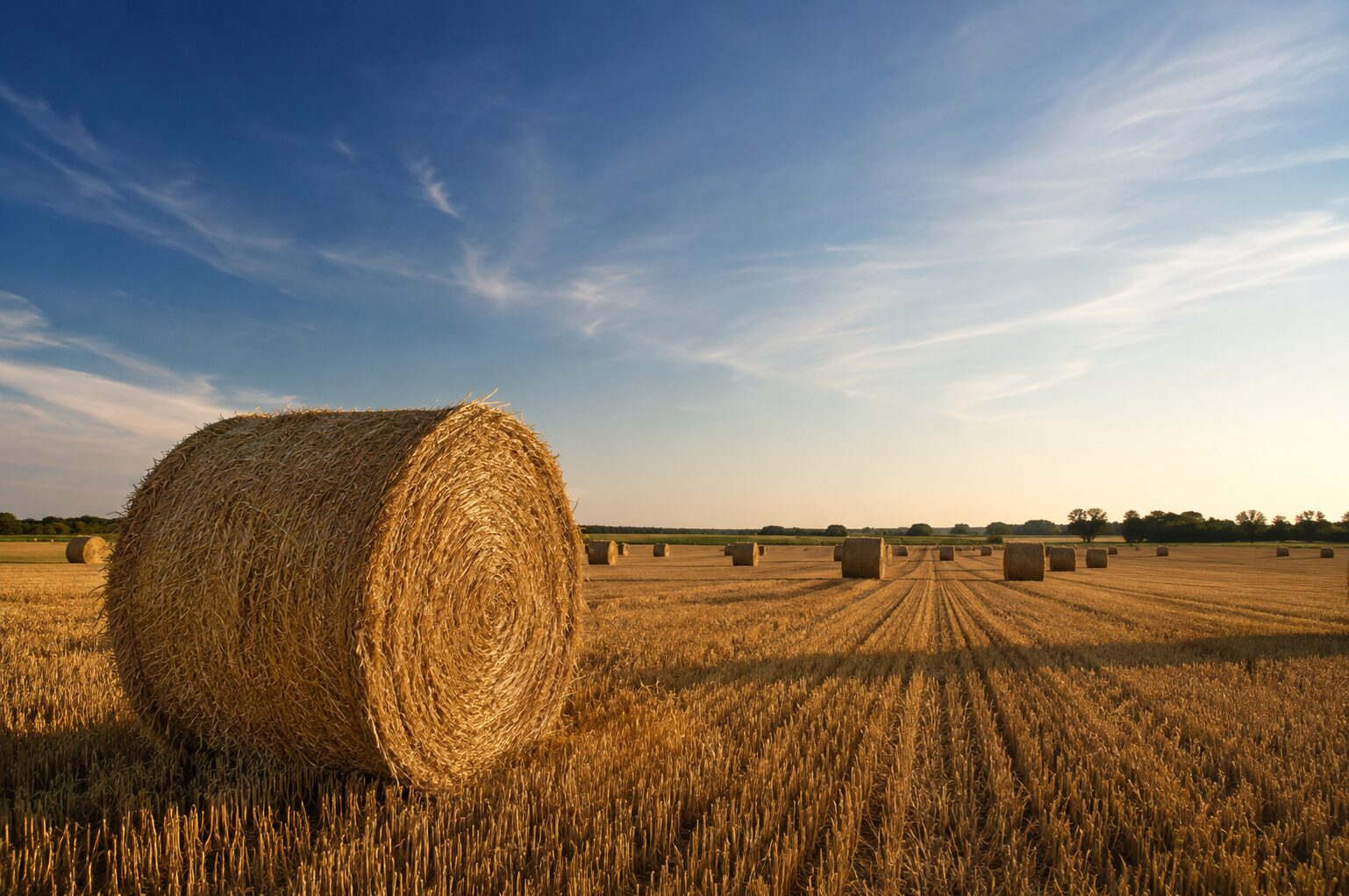 Strobalen in het veld bij zonsondergang — de biobased grondstof vóór verwerking