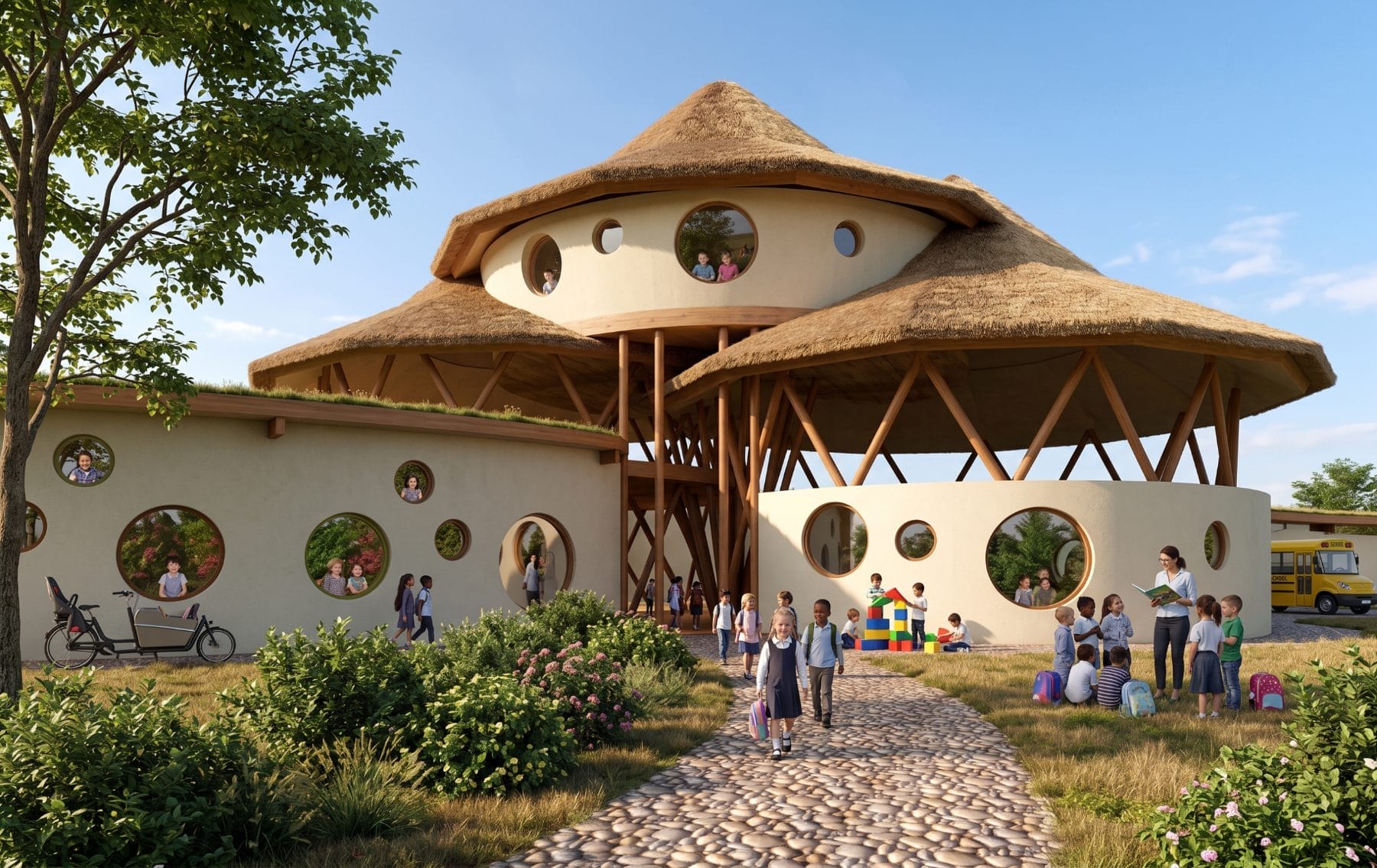 Organic School, rieten school met kinderen op het pad Organic School, rieten school met kinderen op het pad
