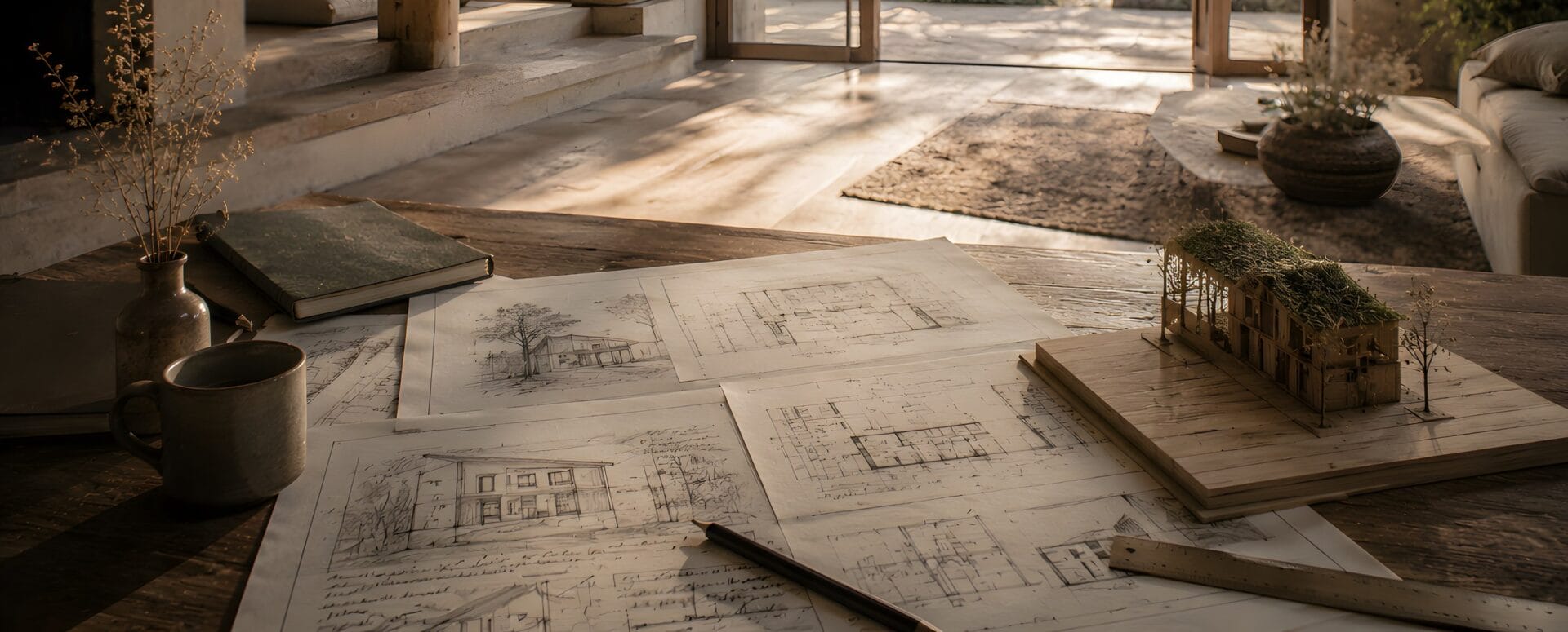 Tafel met schetsen, plattegronden en een houten maquette, met zicht op het lichte interieur en de omgeving erachter — ORIO architecten